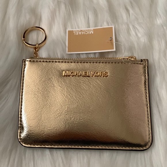MICHAEL KORS Crinkle Patent Leather Coin, Card, Key Wallet in Pale Gold - Picture 1 of 2